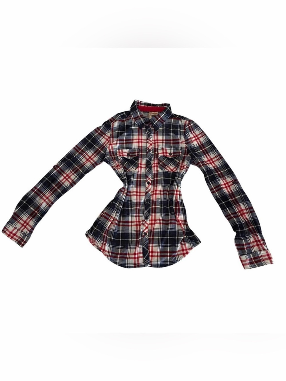 Bella D. Red, Navy, and White Plaid Button-Down Shirt